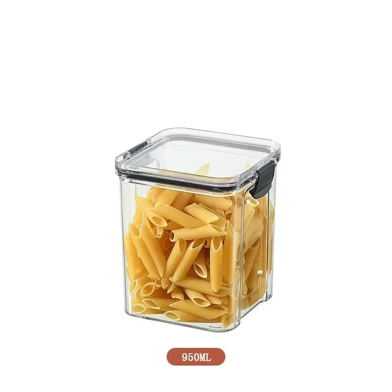 Airtight plastic food jars with secure lids to keep cereals, snacks, and dry ingredients fresh.