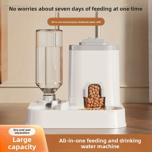 A sleek, modern white automatic water dispenser for pets with a built-in food basin, offering 1-10 liters capacity for long-lasting hydration and feeding.