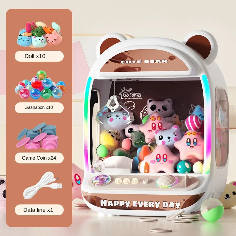 Complete DIY doll claw machine set with accessories, toys, and coin slots, designed for kids’ entertainment.