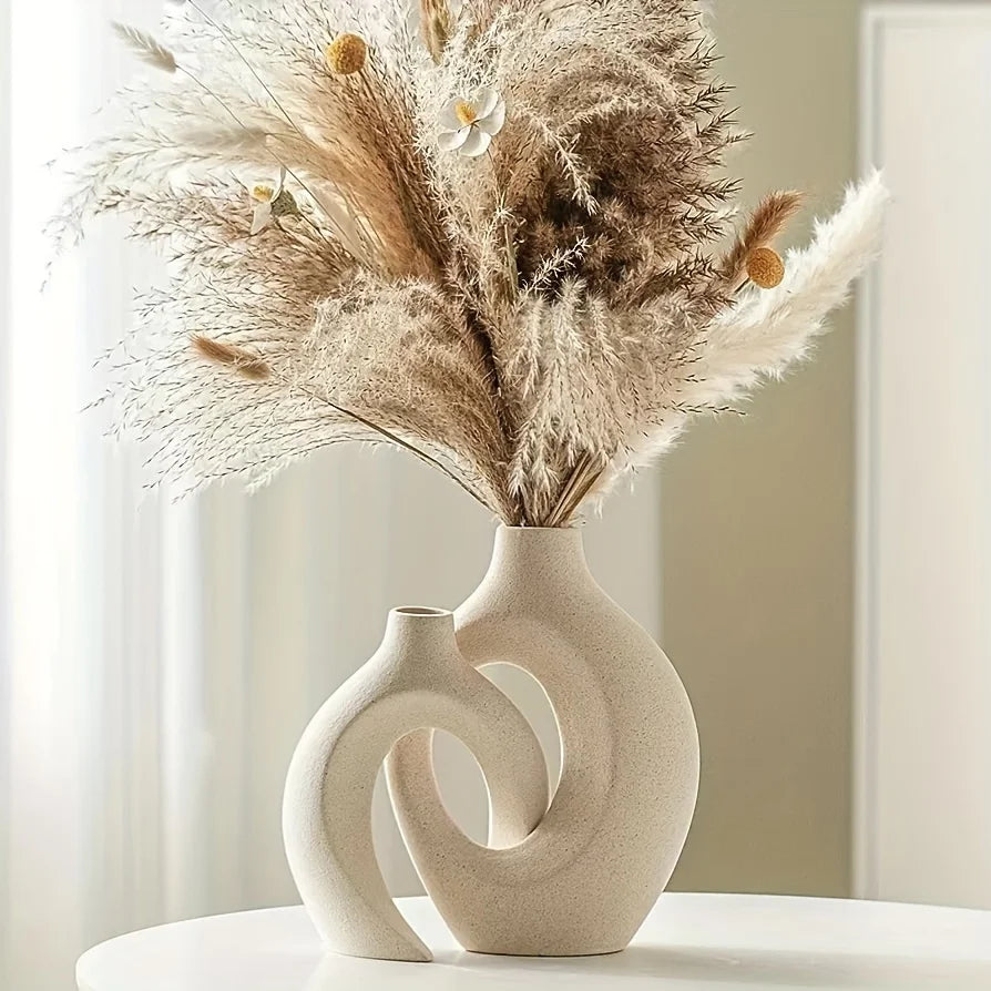 tylish Nordic ceramic vases set featuring a unique hollow design, ideal for boho-inspired modern home decoration.