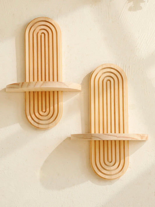 Boho-style geometric wooden wall shelf, ideal for modern home decor and displaying decorative accents, plants, and small essentials.