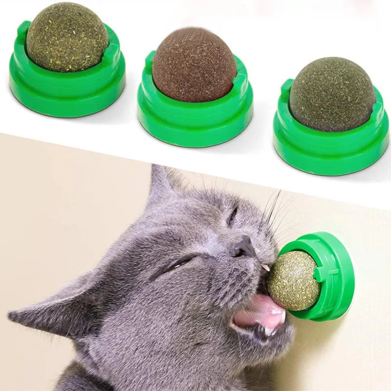 Close-up of natural catnip ball toy stuck on wall, ideal for cats to scratch and lick.