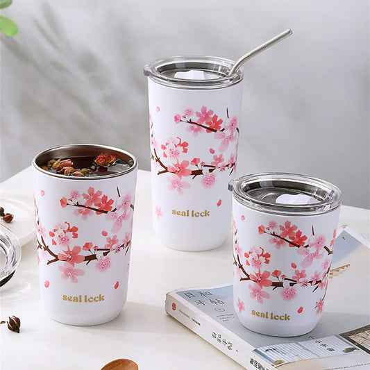 Cherry Blossom design stainless steel thermal mug with leak-proof lid, perfect for travel