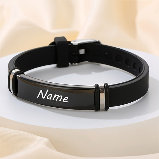 Personalized men's bracelet with custom engraving, featuring a durable stainless steel and silicone design, perfect for Father’s Day.