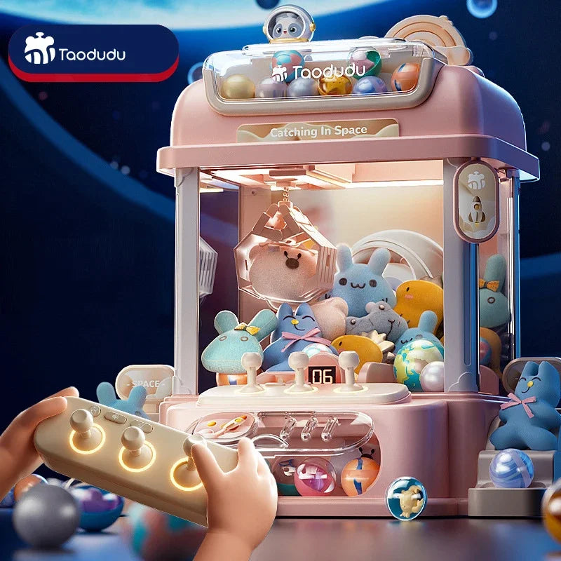 Front view of the big DIY doll claw machine for kids, featuring a colorful design and fun coin-operated gameplay.