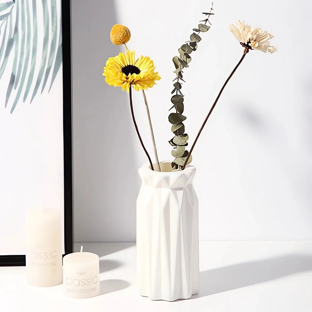 Lightweight Nordic plastic vase placed on a table, suitable for bedrooms, offices, and minimalist interiors.