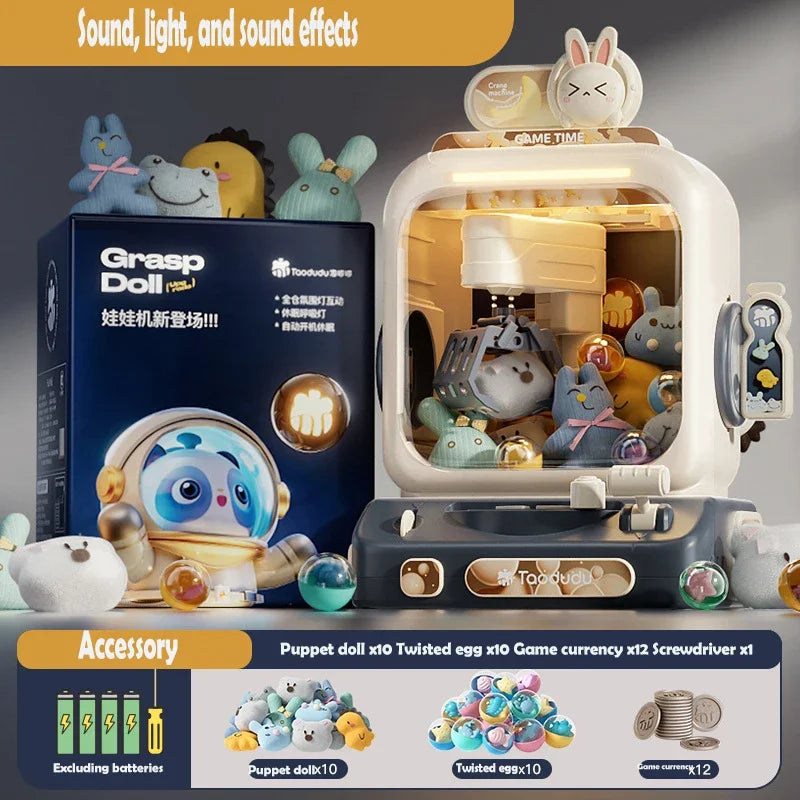 Coin-operated DIY doll claw machine with built-in music, perfect for fun and engaging playtime at home.