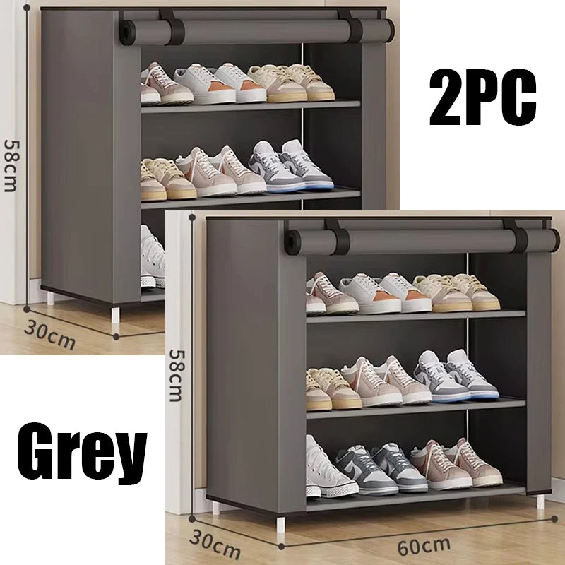 Disassembled parts of the shoe cabinet showing rods, fabric panels, and connectors.