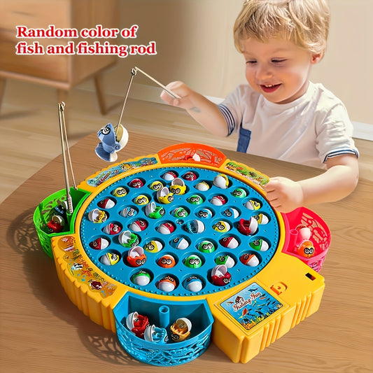 Fun and interactive electric fishing game set with multiple fish pieces and a rotating roulette wheel, designed to entertain children while enhancing hand-eye coordination.