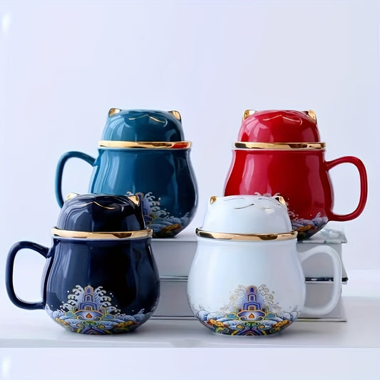 Close-up of Chinese Fortune Cat ceramic tea mug with gold details and matching lid, perfect for tea lovers.