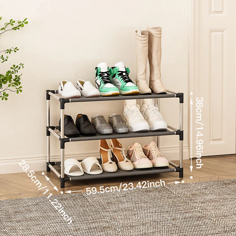 Compact entryway shoe shelf made of black-coated metal, designed to keep your footwear tidy and accessible.







