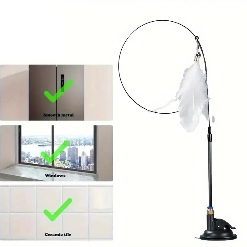 Exciting Cat Teaser Toy – Feather wand with suction cup pole for hours of engaging play and activity for your cat.

