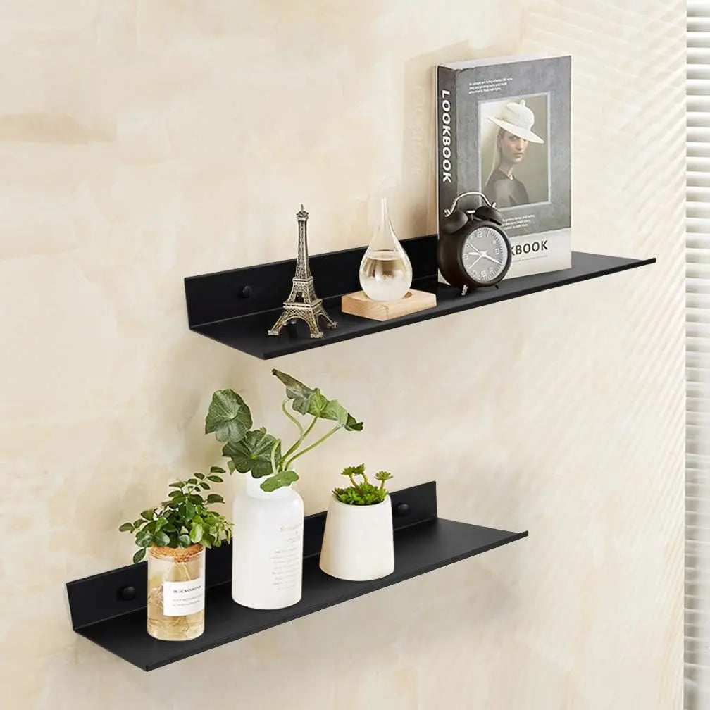 Easy installation of floating bathroom shelves without drilling, perfect for storage and organization in small spaces.