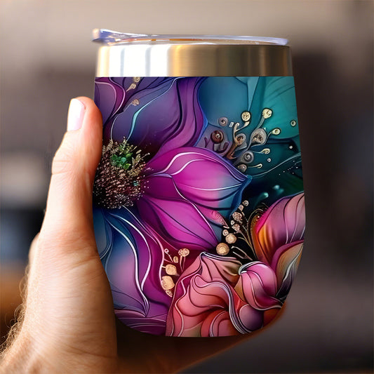 Front view of a 12oz stainless steel insulated coffee cup with a vibrant floral design, perfect for hot and cold drinks at home, office, or outdoors.