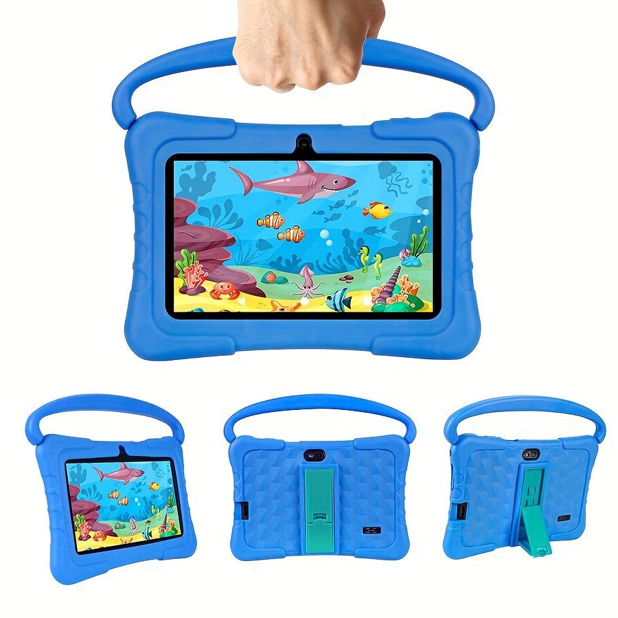 Durable and kid-friendly 7-inch tablet with vibrant silicone case, designed to protect against drops and easy for children to hold.