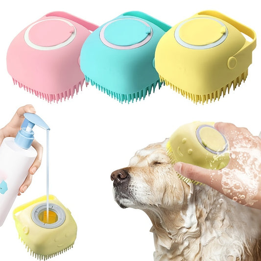 Designed for comfort and control, this soft silicone pet brush features an ergonomic grip and gel dispenser for a smoother bathing experience.