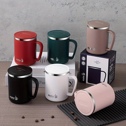 Sleek stainless steel coffee mug with a sealable lid, designed for leak-proof performance and stylish sipping at home or on the go.