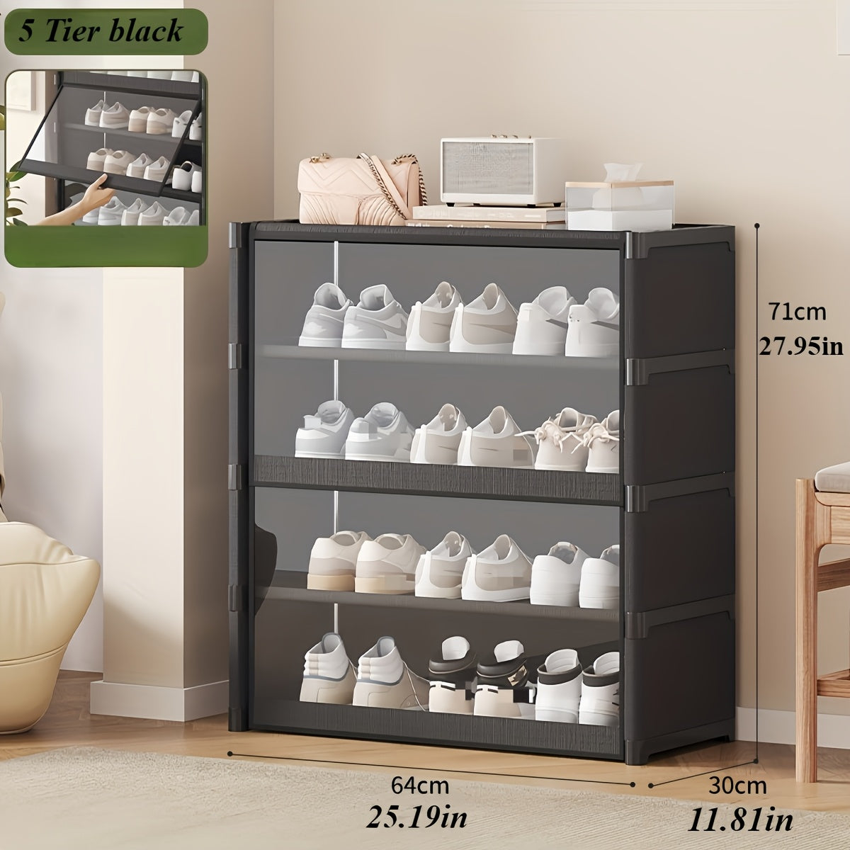 A functional and stylish storage solution that saves space while keeping shoes organized, clean, and easily accessible.