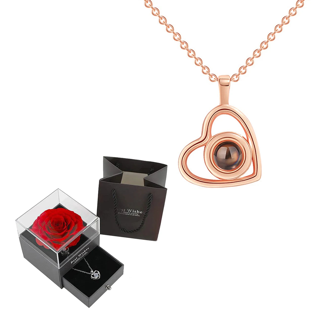 Gorgeous jewelry gift set with a romantic heart necklace and decorative rose box.