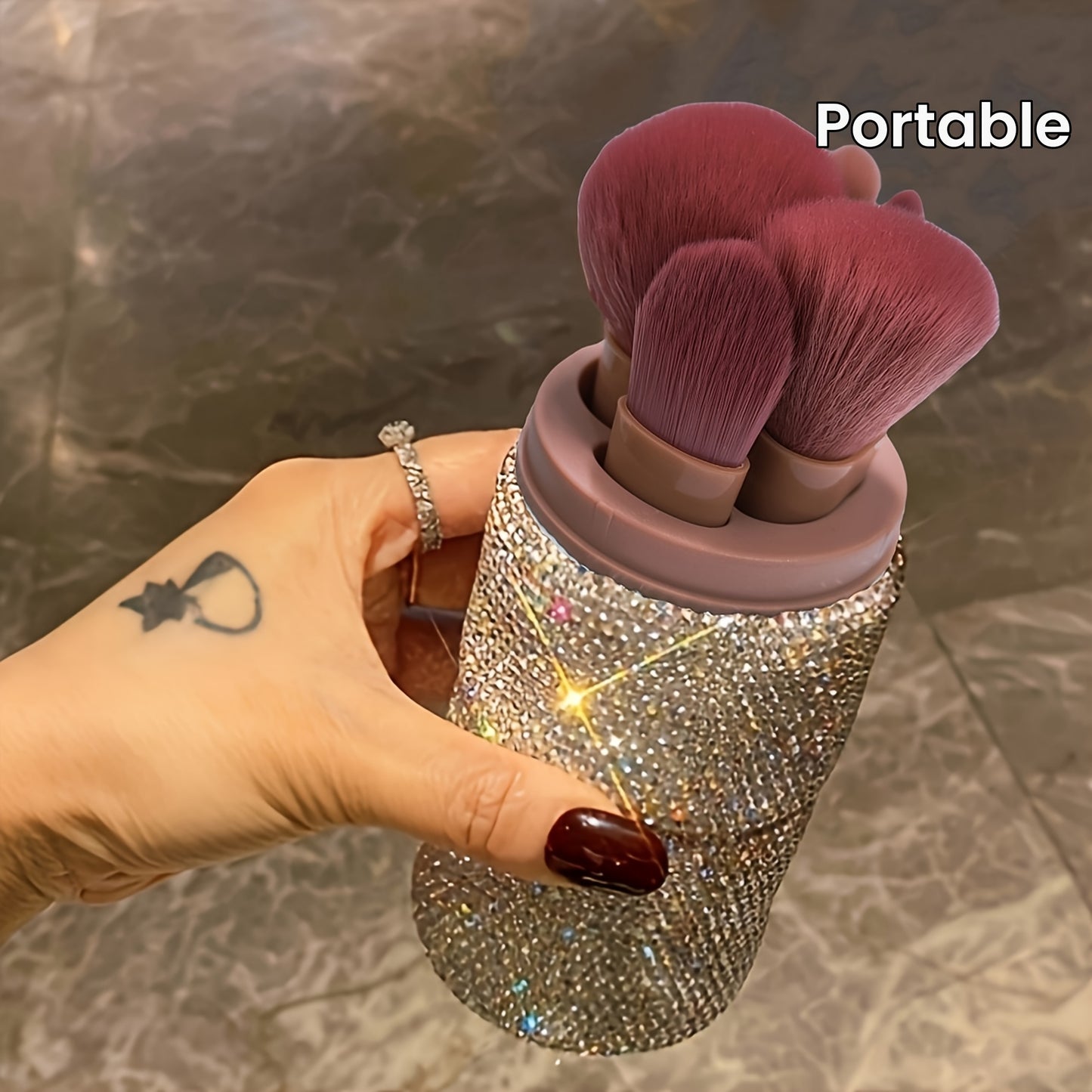 Close-up view of premium makeup brushes featuring ultra-soft bristles and shimmering glitter handles, designed for flawless blending and smooth application.