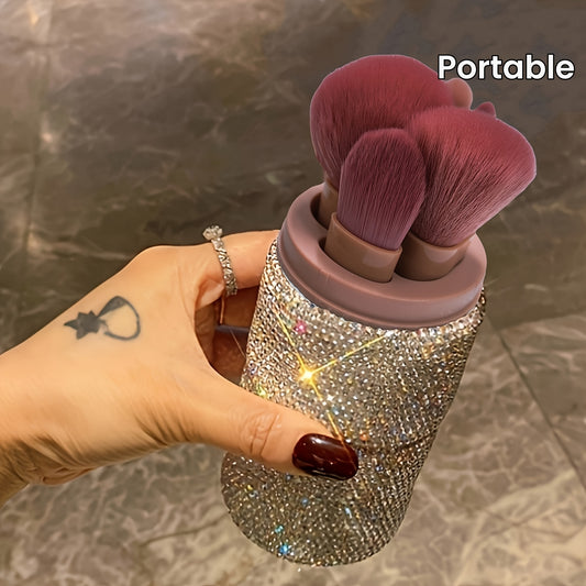 Close-up view of premium makeup brushes featuring ultra-soft bristles and shimmering glitter handles, designed for flawless blending and smooth application.