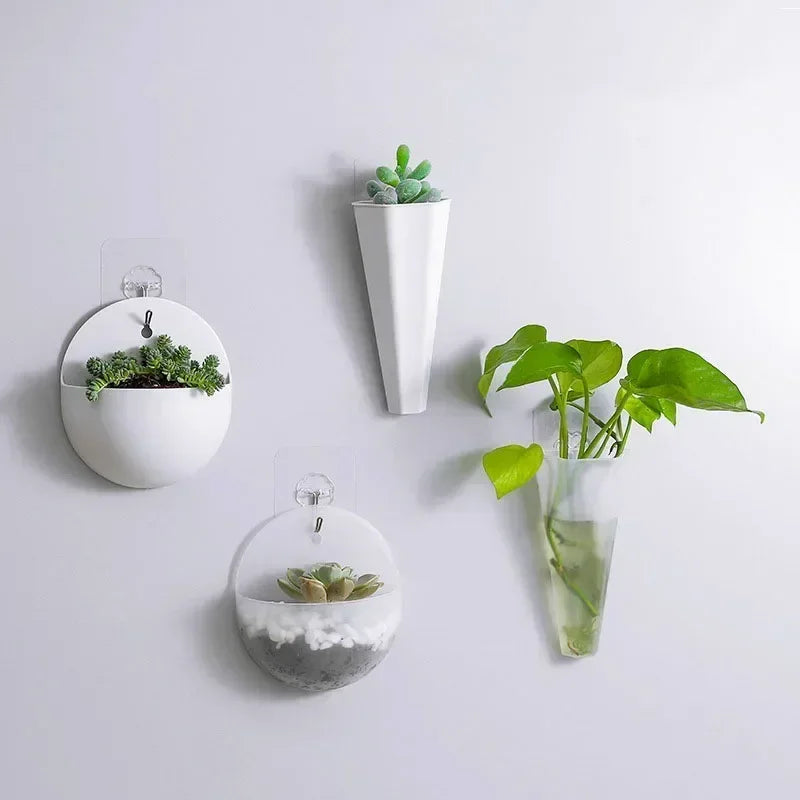 Close-up view of the wall-mounted hydroponic vase, showing durable plastic material and elegant design.