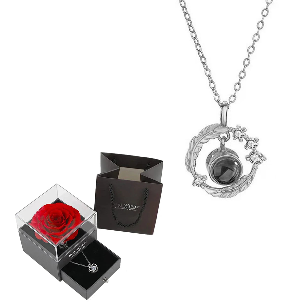 Unique heart necklace projecting “I Love You” in 100 languages, an ideal anniversary surprise.