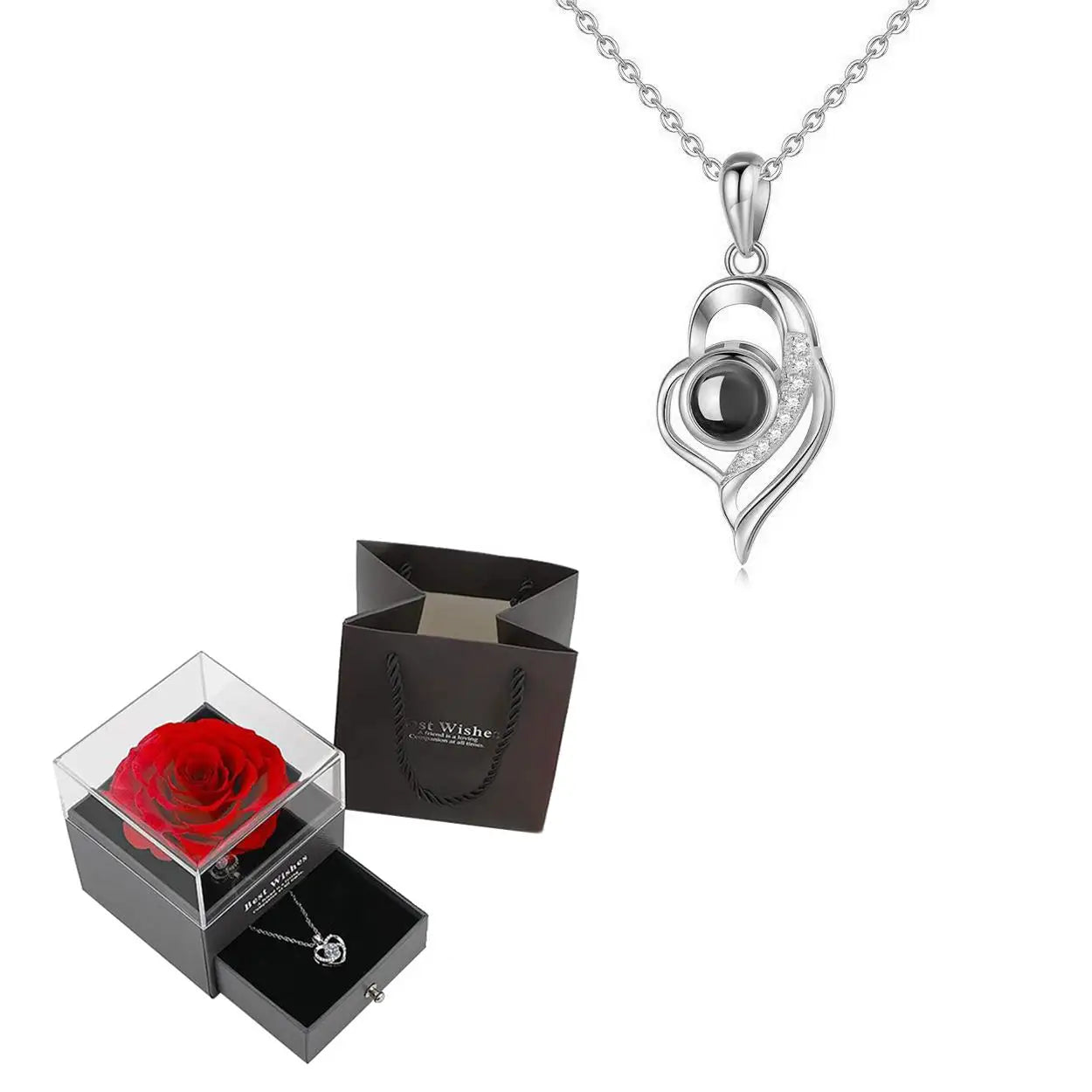 Exquisite heart necklace with 100-language “I Love You” projection, beautifully presented in a rose box.