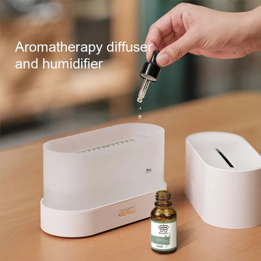 KINSCOTER essential oil diffuser showcasing a realistic LED flame effect, creating a warm and cozy ambiance for relaxation