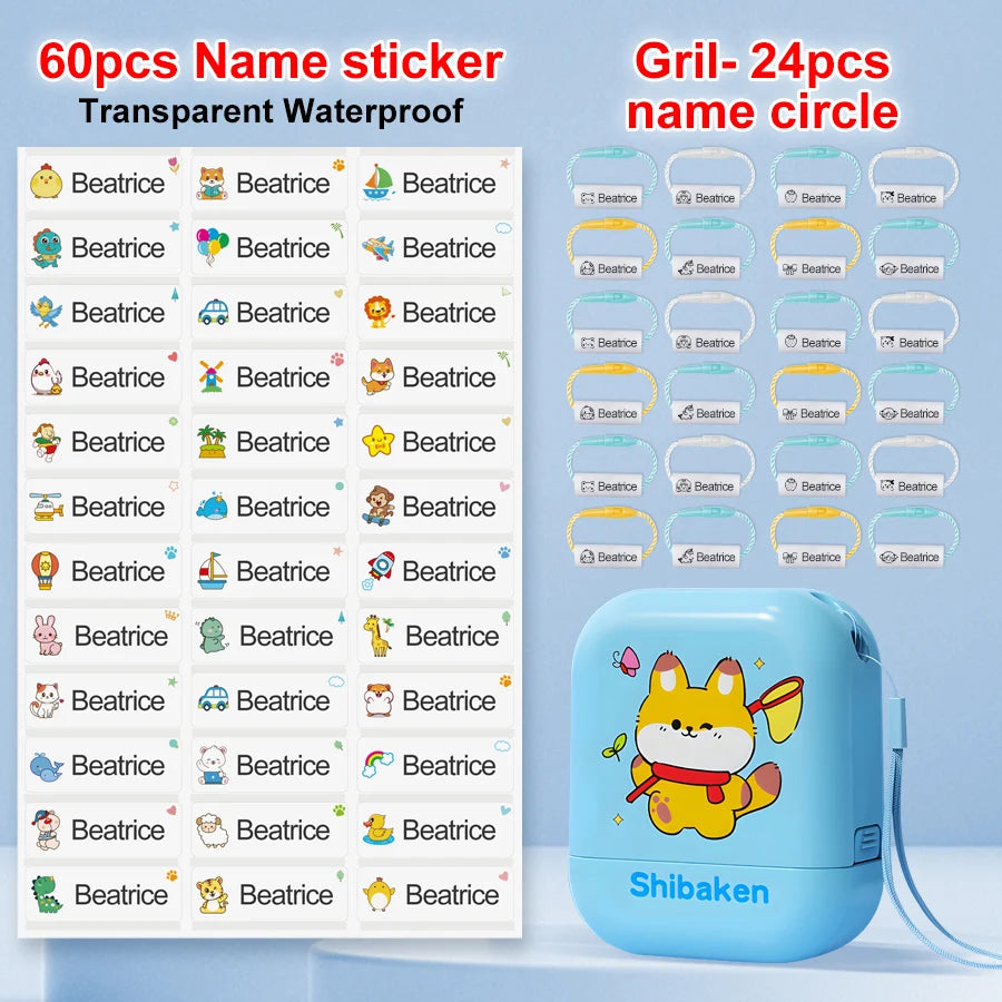 Child labeling books and supplies with personalized stamp.