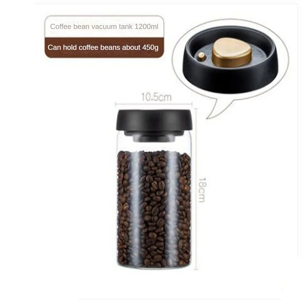 Vacuum-sealed glass kitchen jar for coffee, tea, and dry foods, ensuring long-lasting freshness and taste.