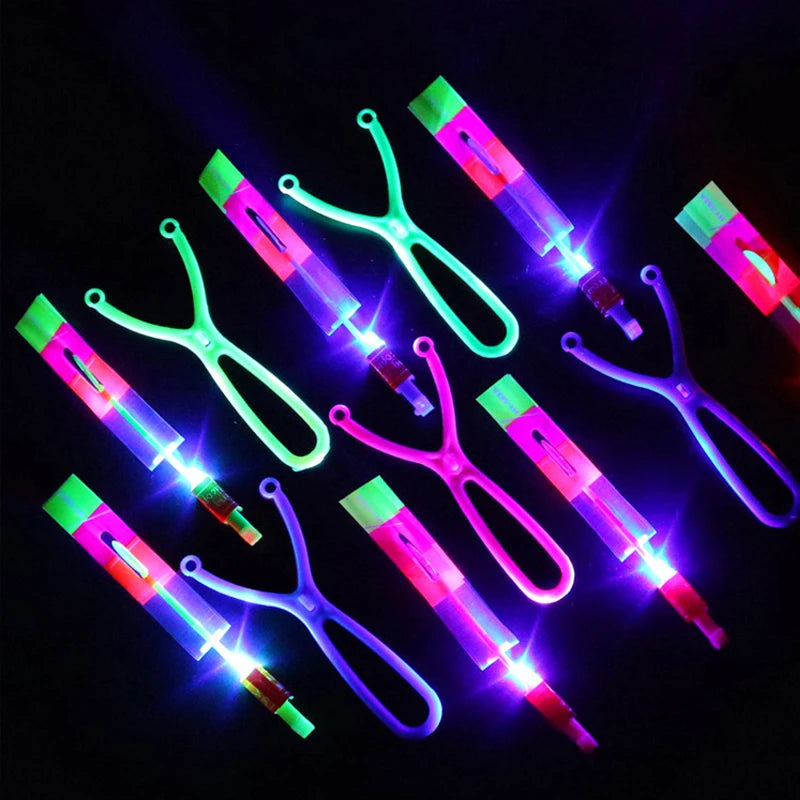 LED toy arrow with a rubber band catapult, designed to launch like a rocket for exciting outdoor games and family fun.