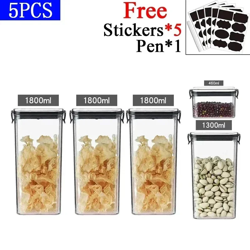 Large-capacity airtight food storage jars available in multiple sizes from 460ml to 1800ml.
