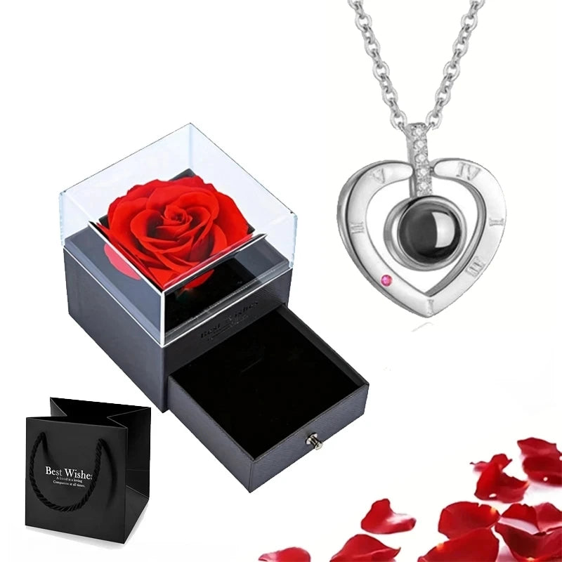 Stunning romantic jewelry gift set with a heart-shaped necklace and luxury rose gift box.