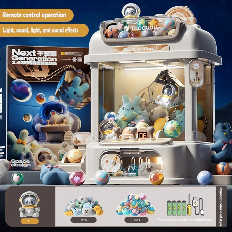 Colorful mini crane claw machine for kids, ideal for Christmas gifts, parties, and toy collections.