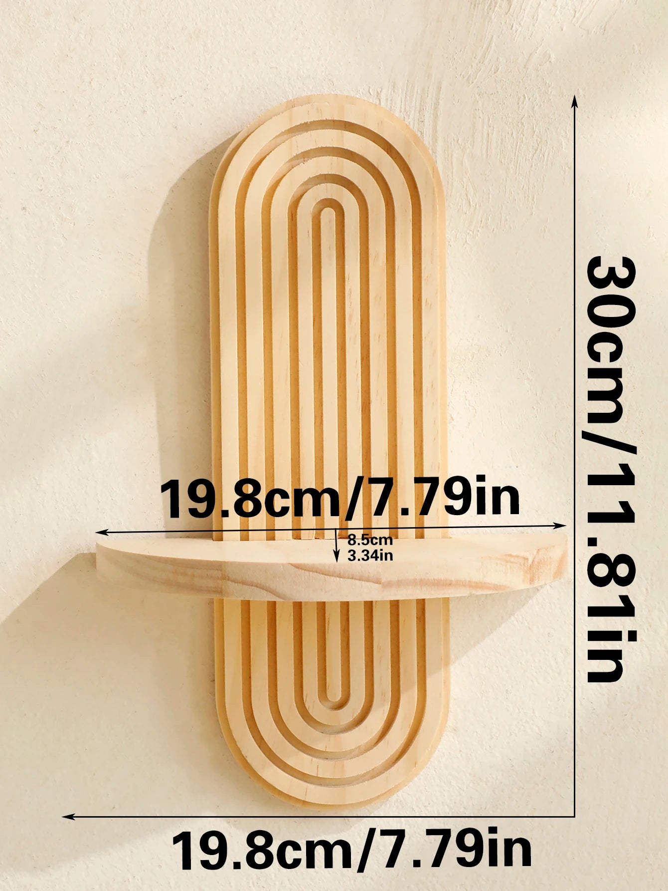 Modern geometric wooden wall-mounted decor shelf with a natural finish, perfect for organizing and enhancing living room or office interiors.