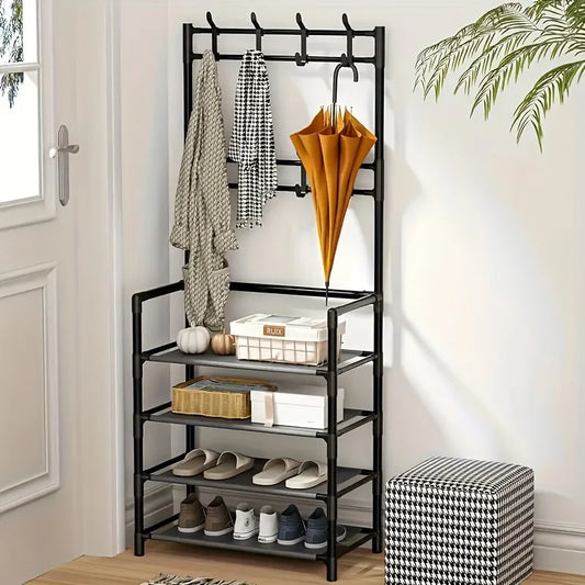 Front view of the multi-tier shoe rack organizer, showcasing its space-saving design for shoes and accessories.