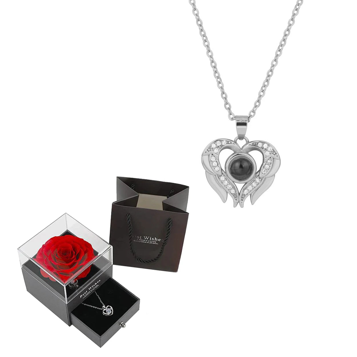 Heart pendant necklace projecting “I Love You” in 100 languages, a perfect girlfriend gift.