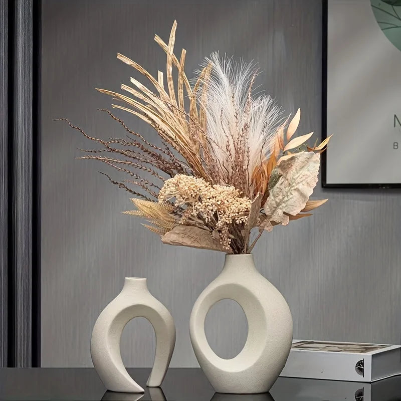 Aesthetic set of hollow ceramic vases in Nordic style, great for bookshelves, living rooms, or accenting modern interiors.