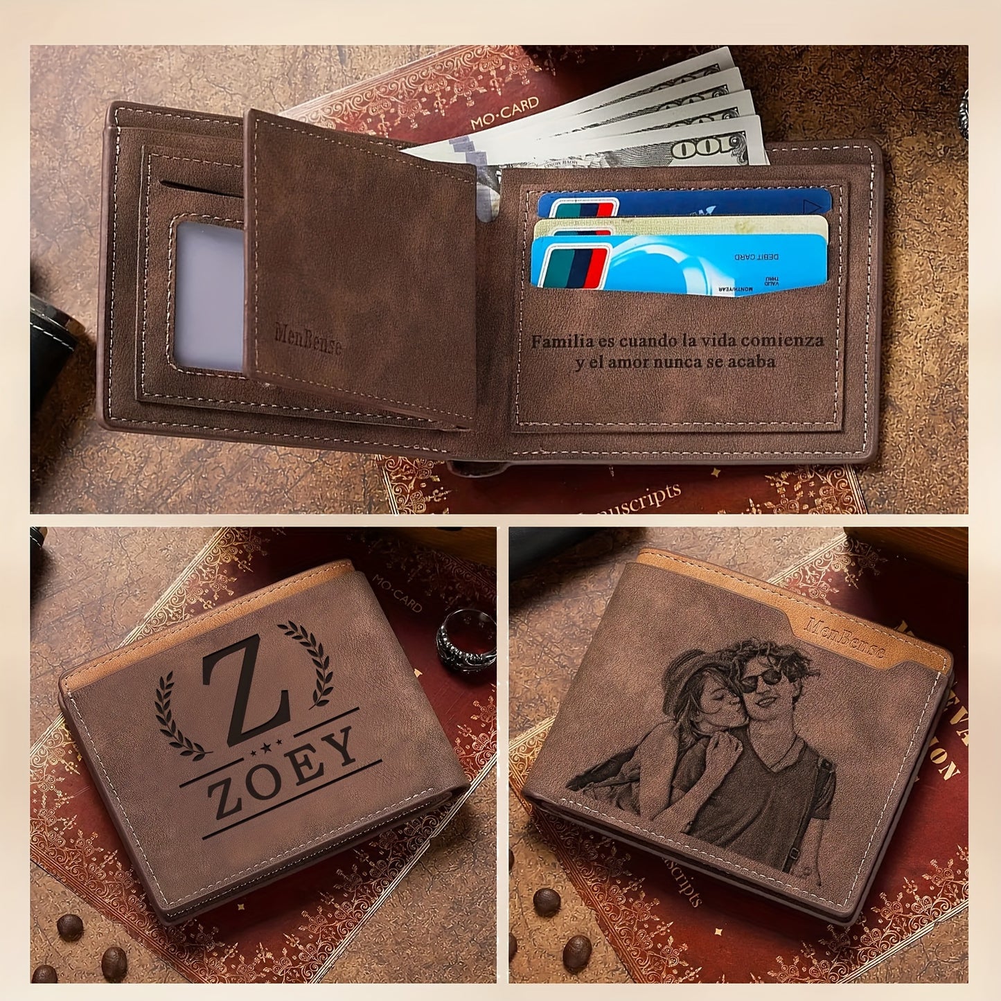  Inside view of personalized men’s wallet showing custom photo and card slots, perfect for boyfriends and dads.