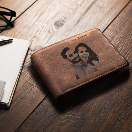 Custom engraved men’s wallet featuring a personalized photo and text, ideal gift for Father's Day or anniversary.