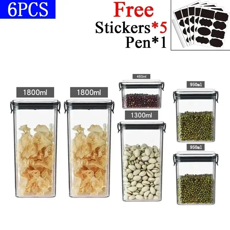 Plastic airtight containers with secure lids, ideal for dry food, spices, and baking ingredients.