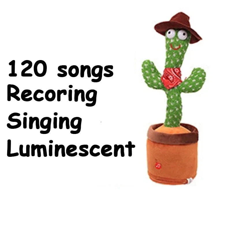 USB rechargeable cactus toy featuring LED lights, sound, and dance movements, great for kids’ playtime and learning activities.