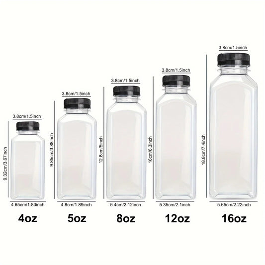 Reusable transparent plastic juice bottles designed for smoothies, milk, and fresh beverages on the go.