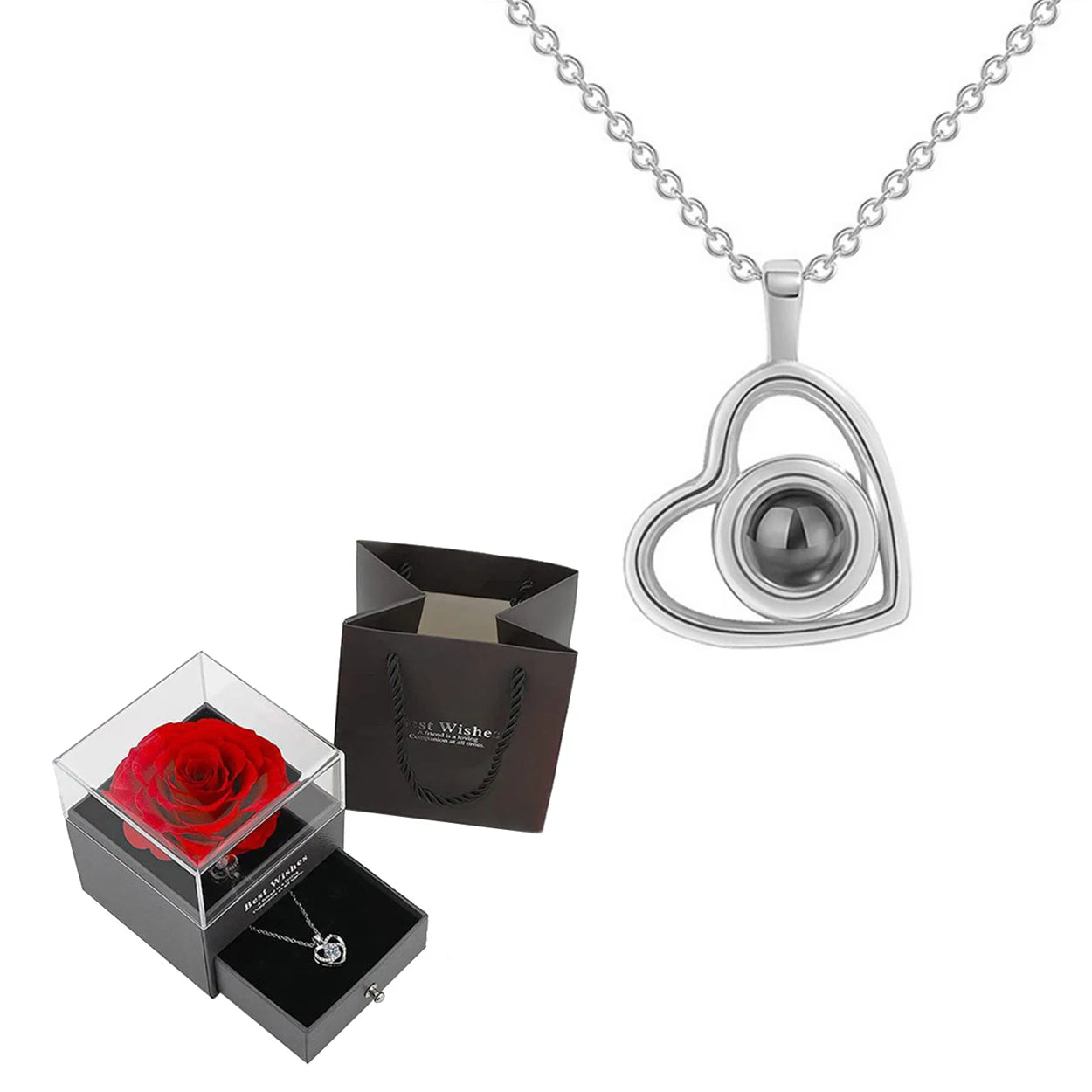 Heart-shaped necklace with 100-language “I Love You” projection, a charming romantic surprise.