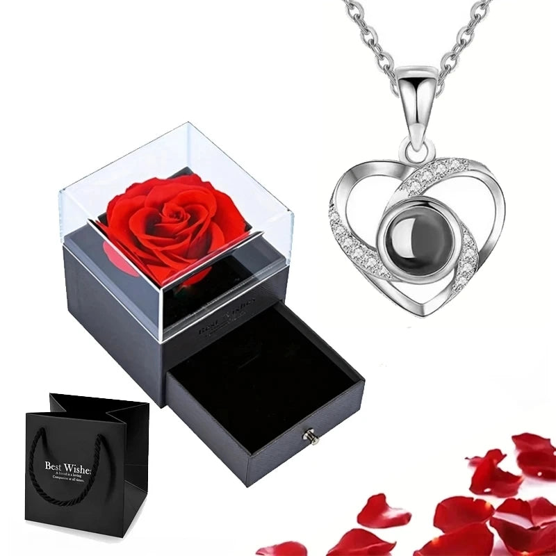 Heart necklace beautifully packaged in a rose box, designed for expressing love in style.