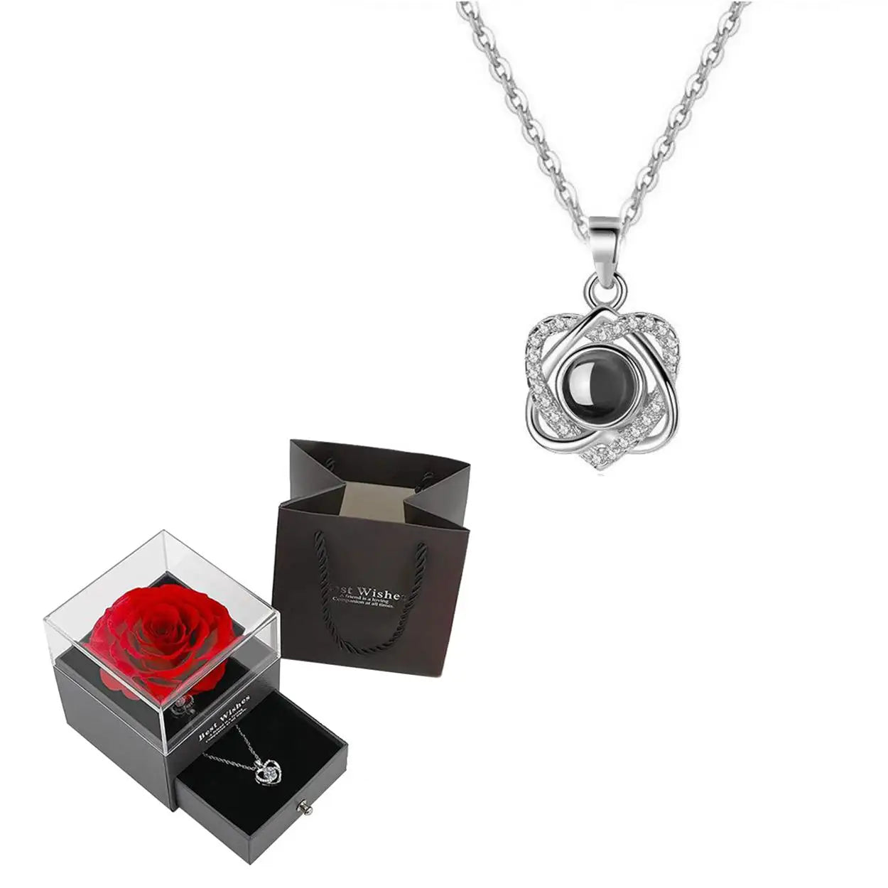 Romantic jewelry set featuring a heart-shaped necklace and rose gift box, an unforgettable 2025 gift for her.