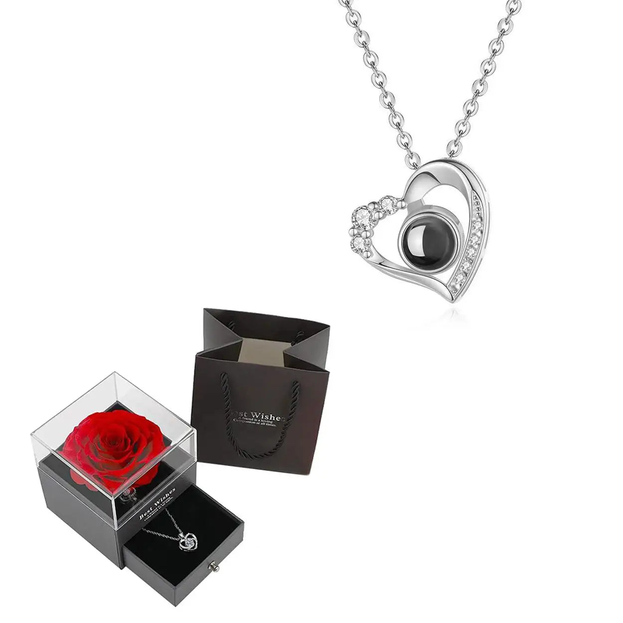 Luxurious rose box and heart pendant necklace set, designed for expressing love on special occasions