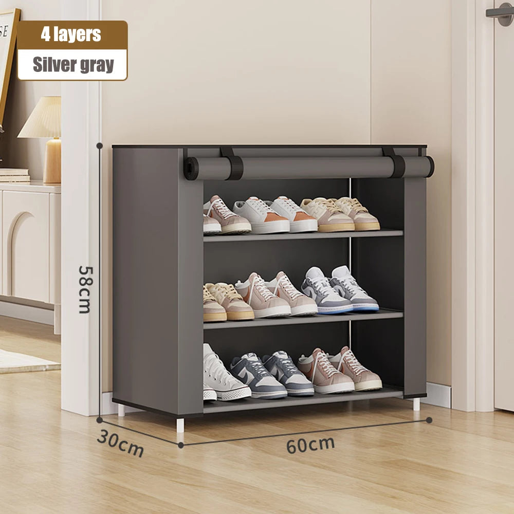  Front view of the dustproof fabric shoe cabinet with multiple layers and a zipped cover.