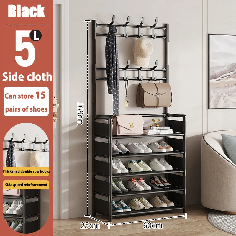 The shoe rack organized with shoes, hats, and other accessories to demonstrate its practical use in a home setting.